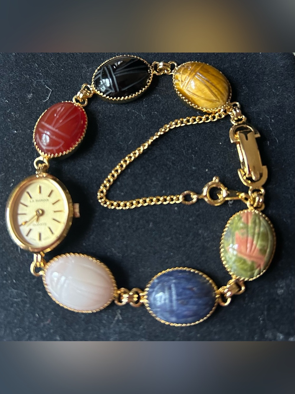 Vintage La Marque Scarab Link Bracelet Watch - Gold Tone